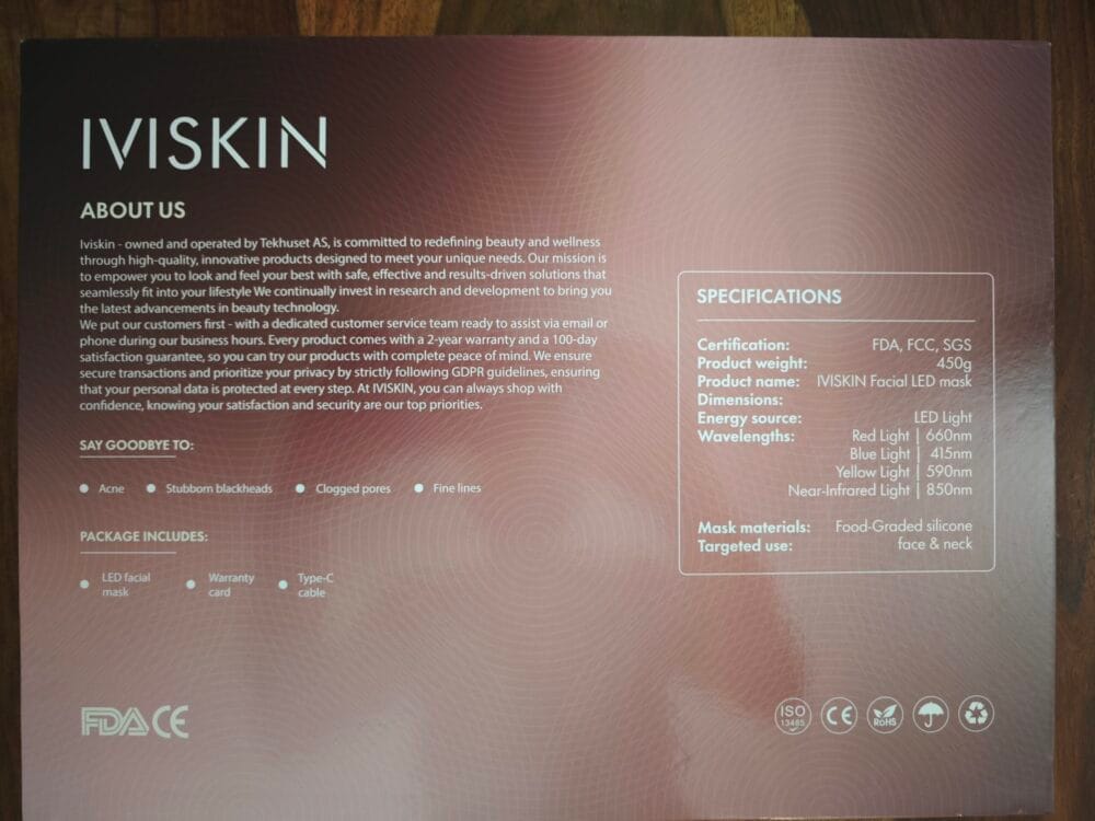 IVISKIN LED-maske bagside med specifikationer